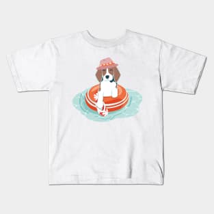 Summer pool pawty // aqua background beagle dog breed in vacation playing on swimming pool Kids T-Shirt